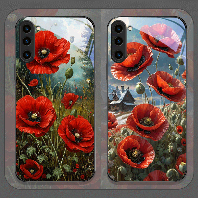 Vase Decor - レトロなポピーの花柄、ホットレッドプリントの強化ガラス製スマホケース、Samsung Galaxy S26 S25 Ultra S24