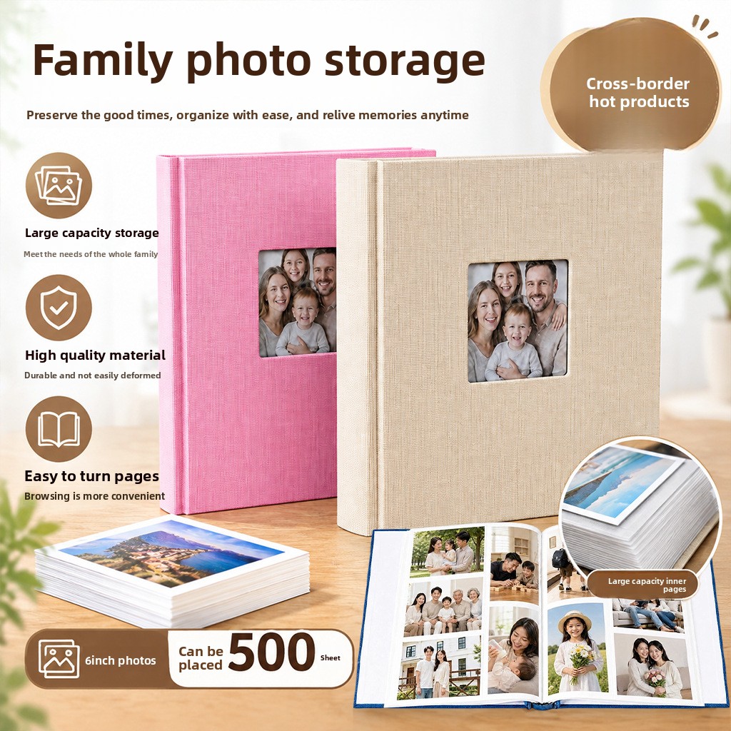Picture Frame - 6インチ×4インチのフォトアルバム。500枚の写真を入れられる。表紙はリネン素材のハードカバーで、写真がはめ込まれる窓付き。50ページのページはスクリューバインディングで綴じられており、家族写真に最適。