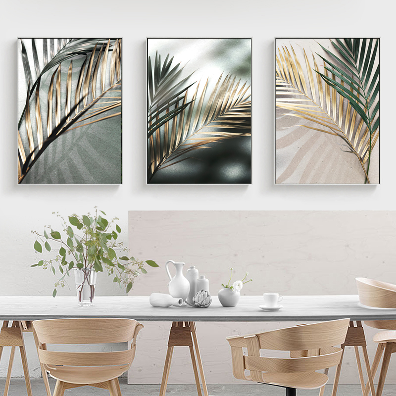 Abstract Canvas Set - 3枚組フレームレス装飾アートプリント、3枚セット金色のヤシの葉植物キャンバス北欧ウォールアートポスター印刷スカンジナビア絵画