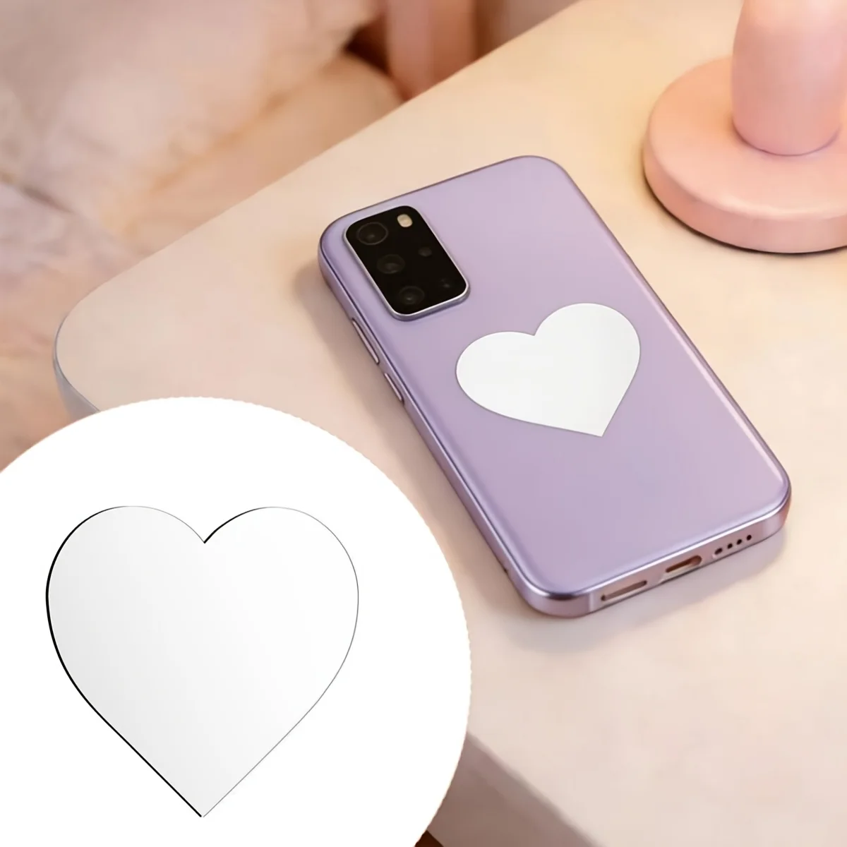 Decorative Mirror - スマートフォン用ミラーシール2枚セット。スマートフォン背面に貼って使えるメイクアップミラー。スマートフォンの装飾としても使えるアクリル製ミラーシール。ハート型。スマートフォンケースに最適。