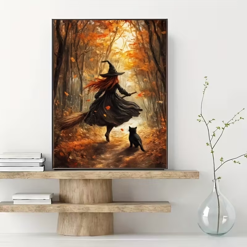 レトロなハロウィン秋の魔女がほうきに乗る壁アートプリントキャ - Interior Design Living Room のレビューと価格