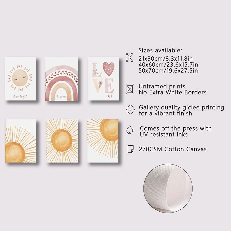 フレームなしのキャンバス絵画3枚セット。ボヘミアン調の虹と太 - Abstract Canvas Set のレビューと価格