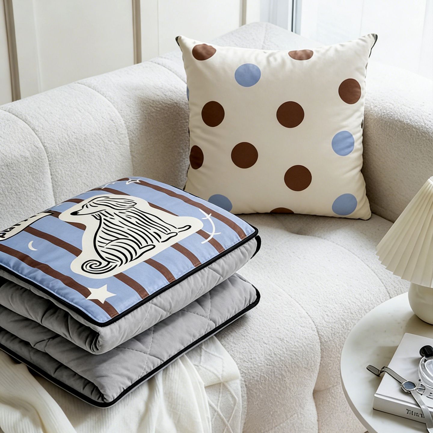 かわいい犬柄のストライプ柄ピローブランケット。家庭用ソファや - Throw Pillow のレビューと価格